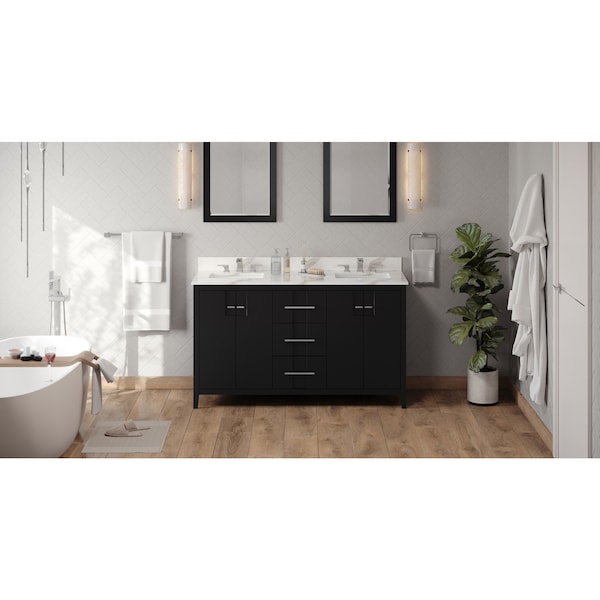 Jeffrey Alexander 60In. Black Katara Vanity, Dbl Bowl, Calacatta Vienna Quartz Vanity Top, 2 Undrmnt Rctngl Bowls VKITKAT60BKCQR - main